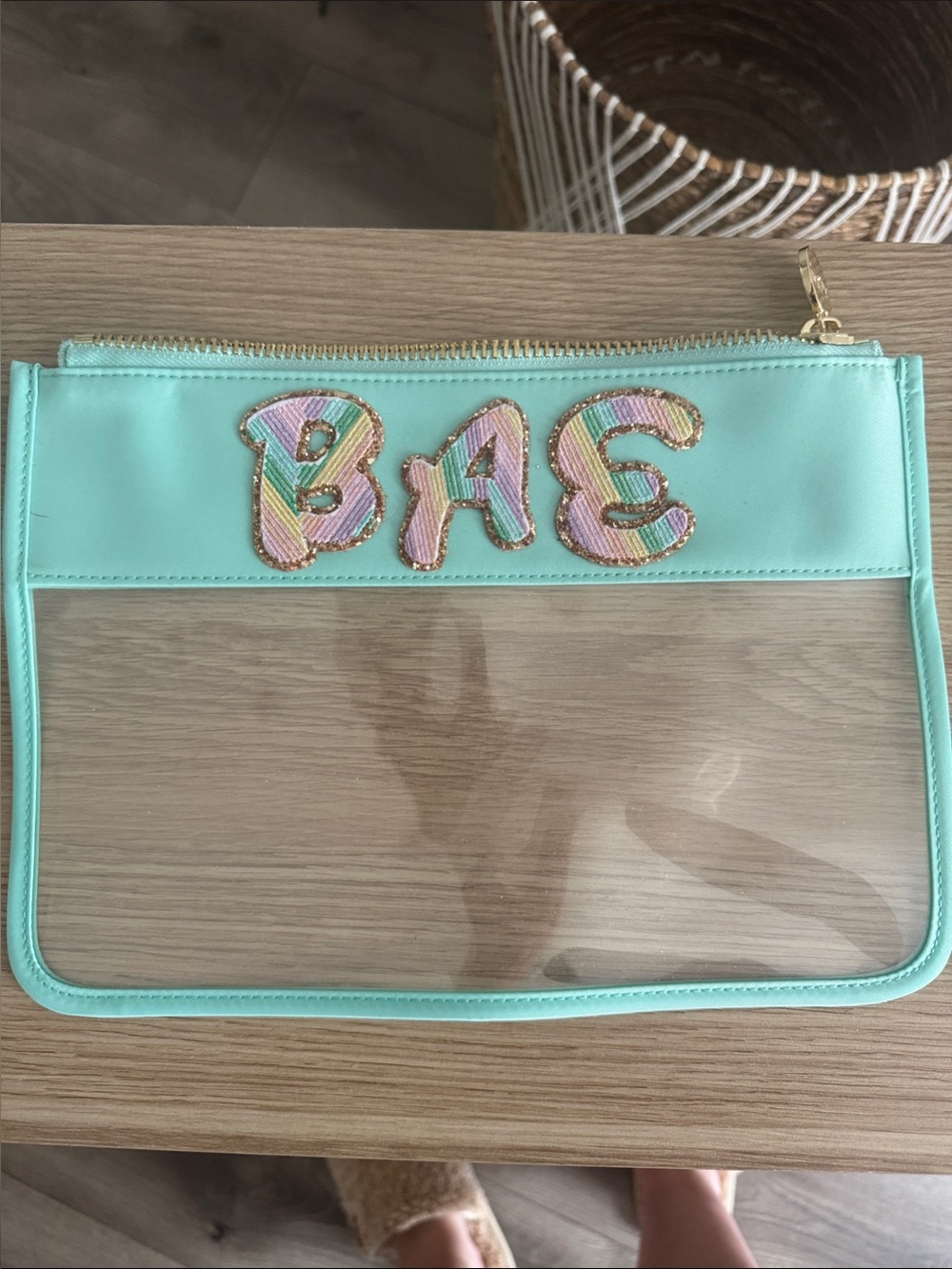 Stoney Clover Lane Mint Green Clear Cosmetic Pouch with Multicolor 'BAG' Patch